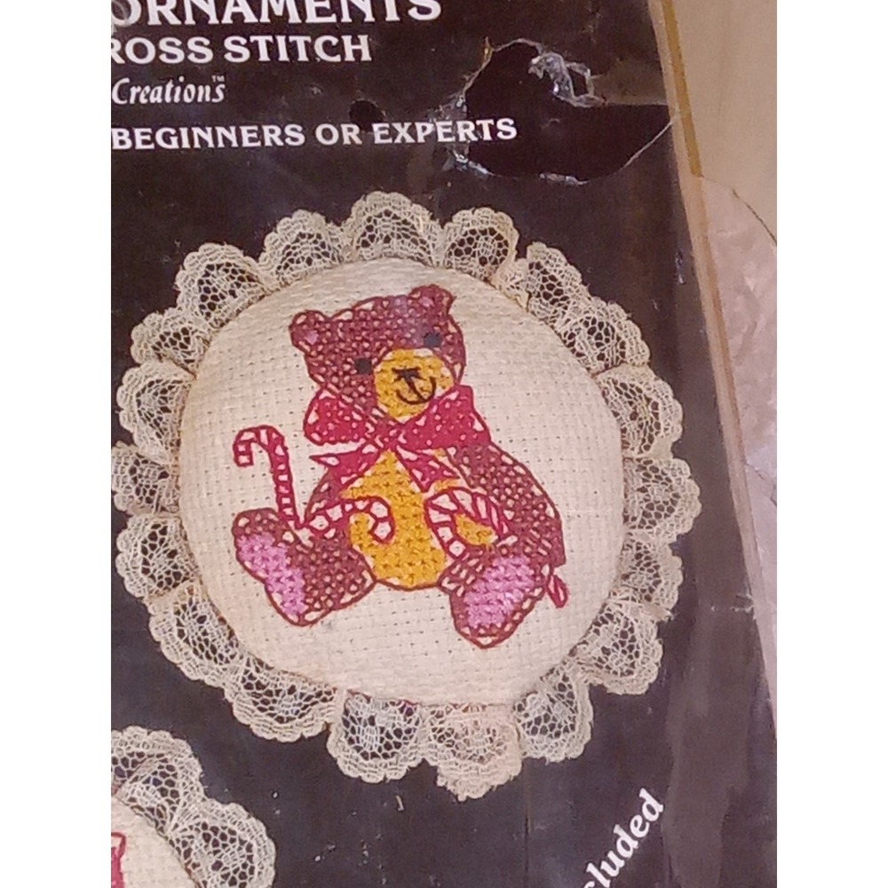 Counted Cross Stitch Christmas Ornaments Kit Nicole Creations Doily Teddy Bear - Picture 2 of 6